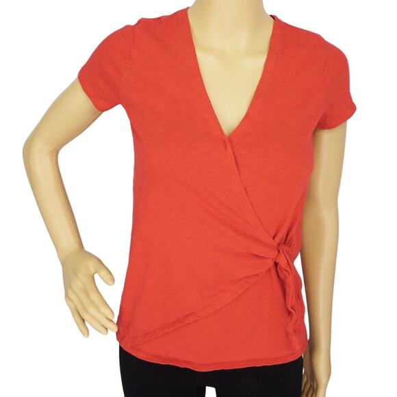 2/$15 J. Crew Cotton Wrap Side-Tie Top Red Short Sleeve V-Neck Size XXS - Picture 2 of 8